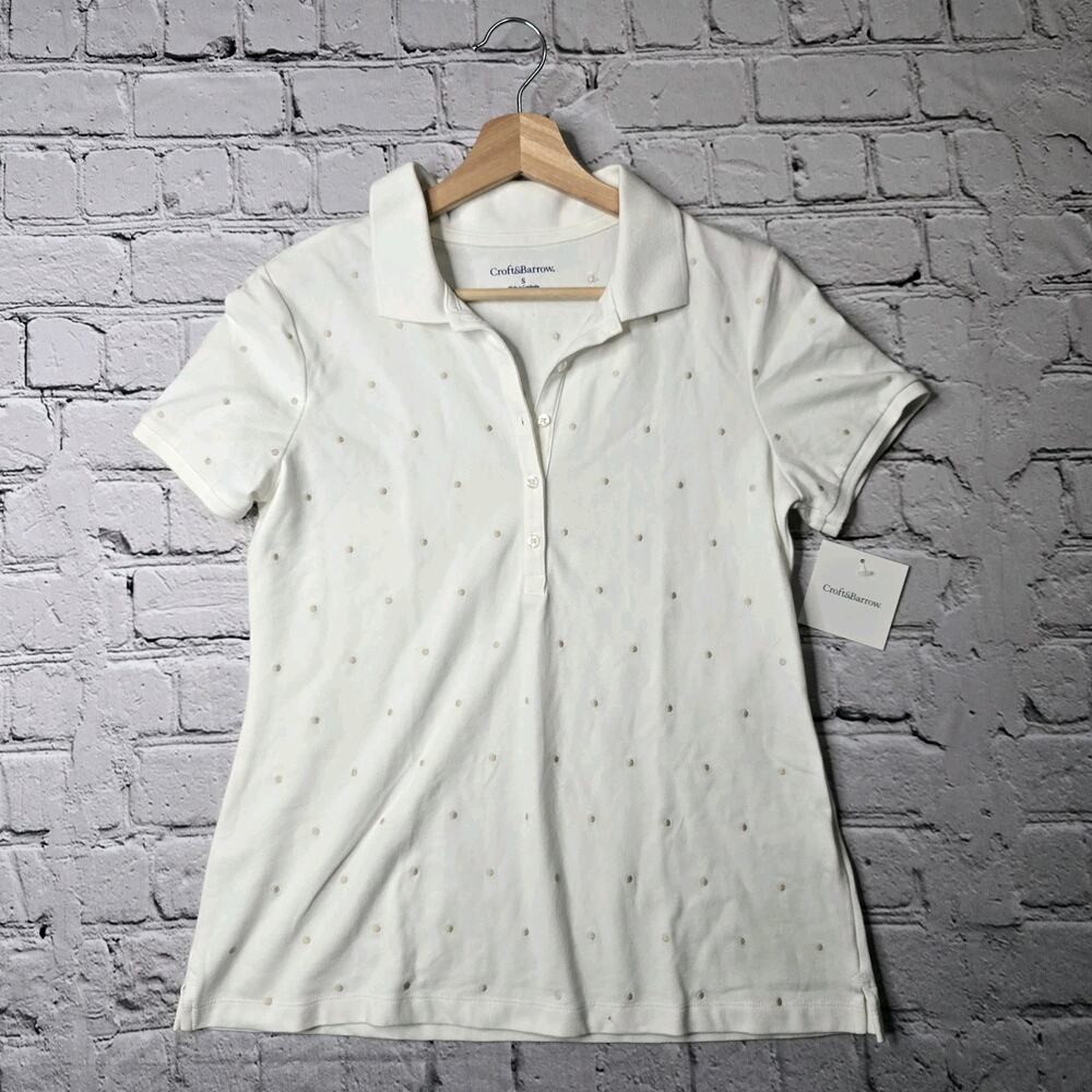 Croft And Barrow Cotton White Cream Gold Polka Dot Short Sleeve Collared Blouse